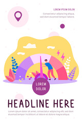 Tiny tired man reducing stress level flat vector illustration. Cartoon employee struggling with arrow of crisis measure. Business lifestyle and emotional overload concept