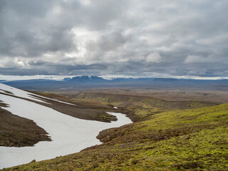 Landscape in the highlands between Hofsjokull (background) and Kerlingarfjoll, Iceland.