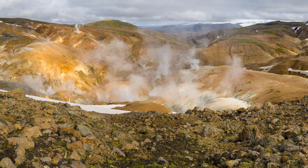 Landscape in the geothermal area of Hveradalir in the mountains of Kerlingarfjoll in the highlands of Iceland.