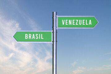 Sign indicating the direction of the borders between two countries  BRASIL,VENEZUELA,  3d render.