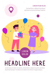Cute boy giving gift to little girl. Kid, present, box flat vector illustration. Birthday celebration and holiday concept for banner, website design or landing web page