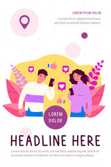 Happy man and woman watching likes in social media. Smartphone, thumb up, internet flat vector illustration. Communication and digital technology concept for banner, website design or landing web page