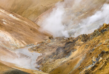 Landscape in the geothermal area of Hveradalir in the mountains of Kerlingarfjoll in the highlands of Iceland.