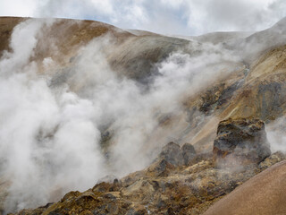Landscape in the geothermal area of Hveradalir in the mountains of Kerlingarfjoll in the highlands of Iceland.