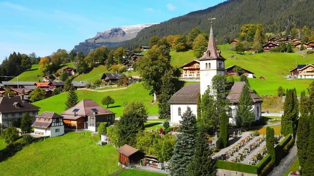 Famous city of Grindelwald in the Swiss Alps from above - drone footage