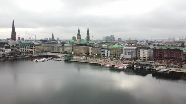 Beautiful City Center of Hamburg with Alster River - aerial view