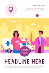 Journalist interviewing doctor. Reporter with microphone, ambulance, reportage. Flat vector illustration. Health, broadcasting, medicine, news concept for banner, website design or landing web page