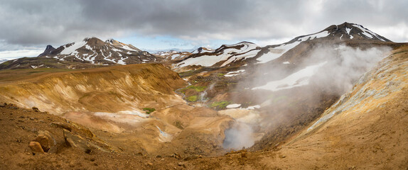 Hikers in the geothermal area of Hveradalir in the mountains of Kerlingarfjoll in the highlands of Iceland.