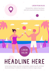 Happy couple enjoying vacation on tropical resort. Man and woman, cocktail, beach party. Flat vector illustration. Holiday, leisure, honeymoon concept for banner, website design or landing web page