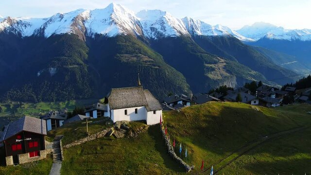 Popular landmark in the Swiss Alps called Bettmeralp in Switzerland - drone footage