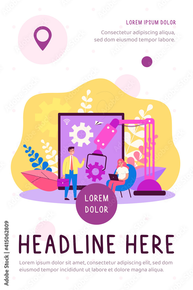 Poster positive tiny people working with artificial intelligence isolated flat vector illustration. cartoon