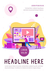 Fototapeta premium Tiny video operators working with visual media content flat vector illustration. Cartoon operators creating news footage in video editor. Multimedia studio, business and production concept