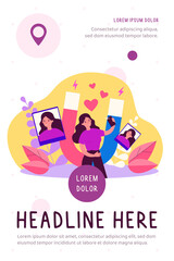 Successful female blogger taking selfie on cellphone. Magnet attracting likes. Flat vector illustration. Social media, blogging concept for banner, website design or landing web page