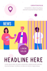 Journalist making crime report. Guy telling newscaster about his help in catching criminal. Flat vector illustration. Broadcasting, news concept for banner, website design or landing web page