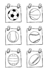 Hand drawn black and white set of ball illustrations of various sports in adhesive note papers. All elements are layered separately. Editable for changing colors. Vector EPS. 