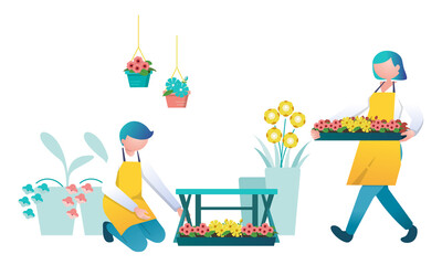 花を売る花屋,ガーデニングを楽しむ人々,開店準備をする花屋