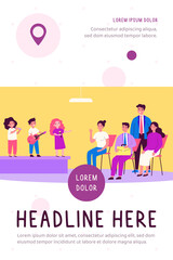 Kids performing at school concert. Band of children playing instrument and singing before audience flat vector illustration. Childhood, show concept for banner, website design or landing web page