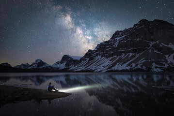A man on the shore of Bow Lake in the Canadian Rockies viewing the Milky Way during an early Summer...