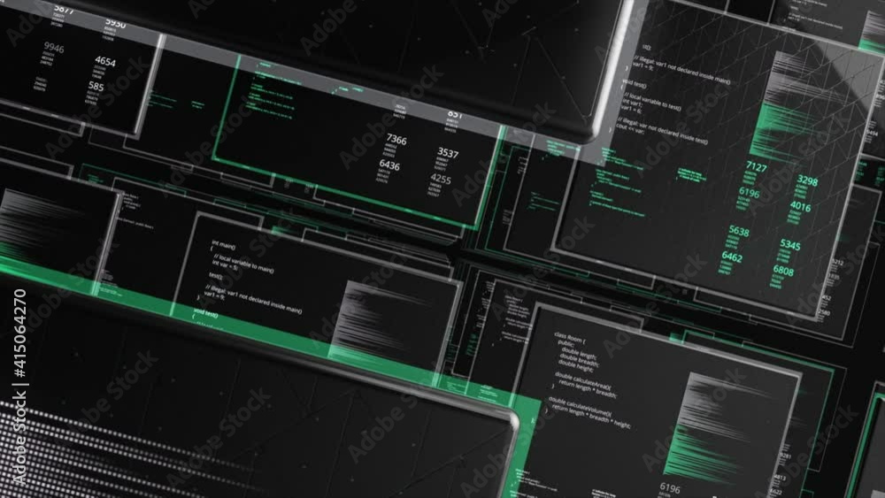 Poster blocks of program code flying in virtual space on square shaped screens. animation. concept of artif