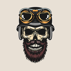 Trendy vintage badge with bearded skull in helmet vector illustration. Colorful skull, helmet and googles. Bikers club and freedom concept for tattoo, stamp, print template