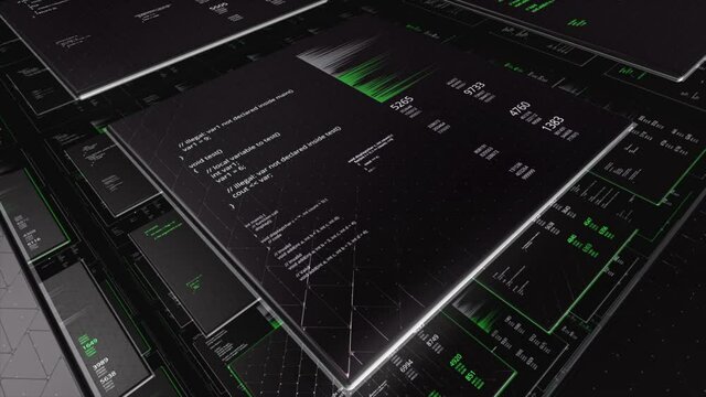 Abstract screens of programming code on black background. Animation. Programming language and system engineering concept.