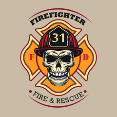 Colored badge with skull in protective hardhat vector illustration. Vintage colorful banner for fire dept. Emergency and firefighting concept can be used for retro template