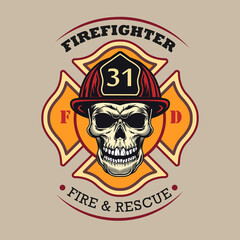 Colored badge with skull in protective hardhat vector illustration. Vintage colorful banner for fire dept. Emergency and firefighting concept can be used for retro template
