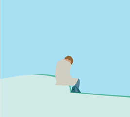 Desperate man unemployed worker sitting in city feeling stress and unhappy that have no job due to covid-19 virus cause him to be laid off.