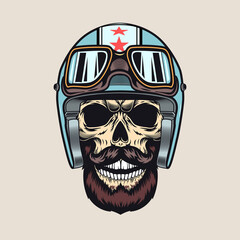 Vintage sticker with biker skull in helmet vector illustration. Colorful racer bearded skull, helmet and googles. Bikers club and freedom concept can be used for retro template