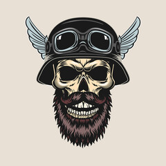 Vintage sticker with bearded skull in helmet vector illustration. Colorful dead head, googles and hardhat with wings. Bikers club and freedom concept can be used for retro template