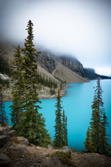 A moody morning at the stunning Moraine Lake in Banff National Park. The fog obscured the towering...