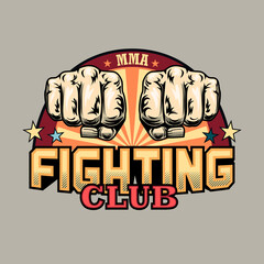 Colorful emblem with two human fists vector illustration. Retro label for fighting club. Sport activity, MMA or martial arts concept can be used for retro template, banner or poster