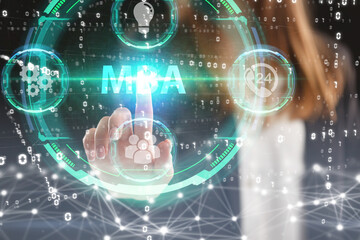 Business, Technology, Internet and network concept. Young businessman working on a virtual screen of the future and sees the inscription: MBA