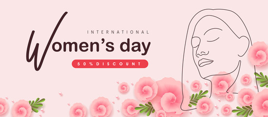 Women's Day sale banner. International women's Day greeting card template. Postcard on March 8.