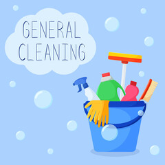 Vector illustration of general cleaning. Detergents in a bucket on a blue background. Flat style illustration with an inscription. Cleaning product
