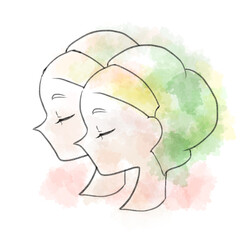 ふたご座星座占い横顔の女性手描きの水彩イラスト