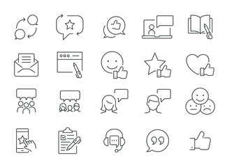 Business and finance web line icon set. Testimonials, customer relationship management or CRM concept. Simple outline style symbol collection. Vector illustration isolated on white background. EPS 10.