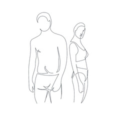 couple man and woman in underwear or swimwear. One line Hand drawn vector linear silhouette
