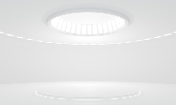3D Rendering of white empty modern showroom with blank pedestal and led lighting. For product display
