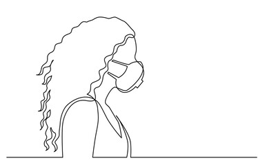 continuous line drawing of isolated on white background profile portrait of woman with long curly hair wearing face mask