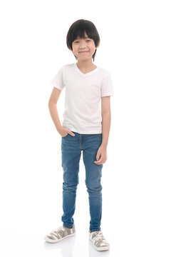 Asian child wearing casual white t-shirt