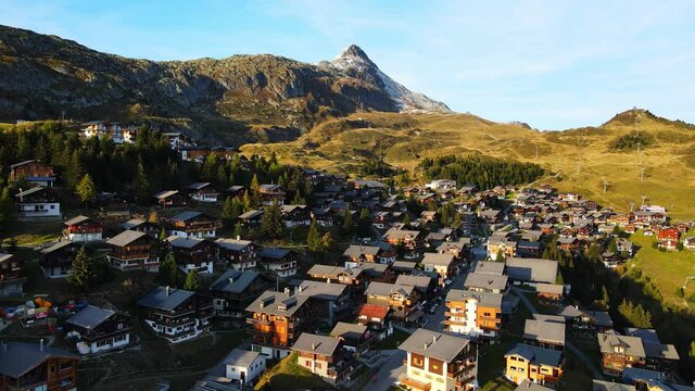 Popular landmark in the Swiss Alps called Bettmeralp in Switzerland - drone footage
