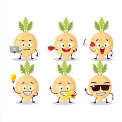 Radish cartoon character with various types of business emoticons