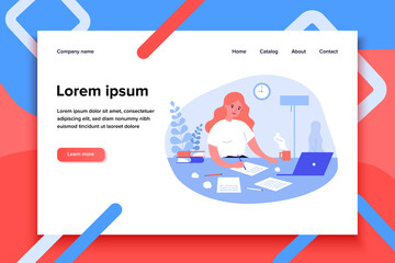 Writing job concept. Female writer writing in papers at her workplace, working at computer at home. Flat vector illustration for creative crisis, journalism, inspiration topics