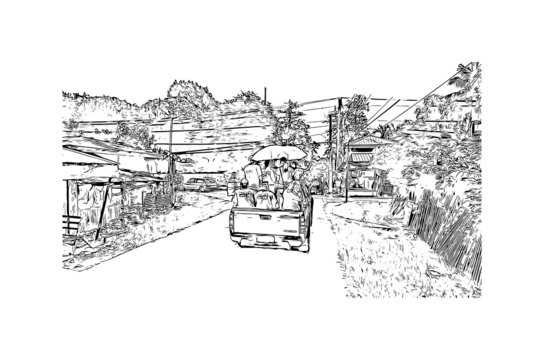 Building view with landmark of Iloilo is on Panay Island in the Philippines. Hand drawn sketch illustration in vector.