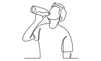 Continue line of man is drinking water from a bottle