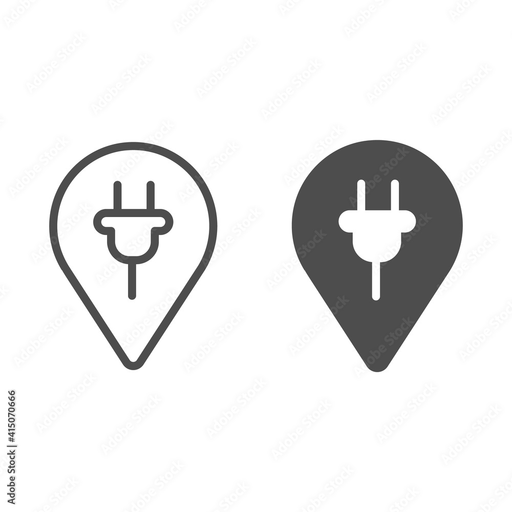 Poster location map pin and plug line and solid icon, electric car concept, recharge point sign on white ba