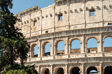 Italy, Rome. The Colosseum or Coliseum, exterior of travertine, tuff, and brick-faced concrete.