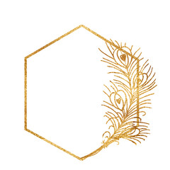 Gold geometric frames with feather elements. Geometrical polyhedron for wedding invitation.