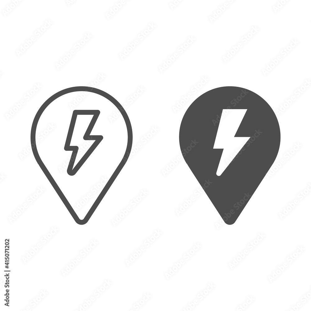 Aufkleber location map pin and lightning line and solid icon, electric car concept, recharge point sign on whi